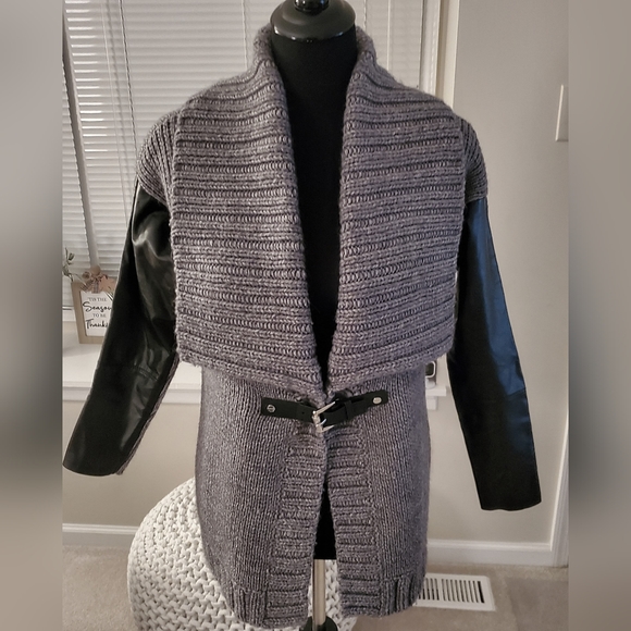 Michael Kors MK Jacket Sweater Coat Alpaca Faux Leather Gray Chunky Knit Ribbed - Picture 8 of 8